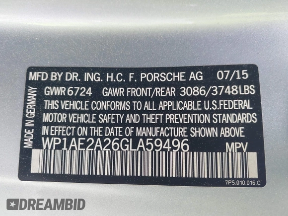 2016 Porsche Cayenne S E-Hybrid with VIN WP1AE2A26GLA59496, listed as a IAAI auction lot 41884022 with 85,386 mi miles and . Bid and sale history available at DreamBid. Image 9.