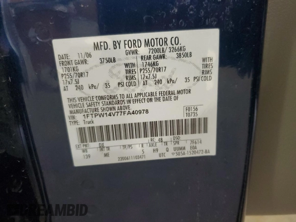2007 Ford F-150 XLT with VIN 1FTPW14V77FA40978, listed as a Copart auction lot 50758655 with 185,243 mi miles and Salvage Title. Bid and sale history available at carsss.com. Image 12.