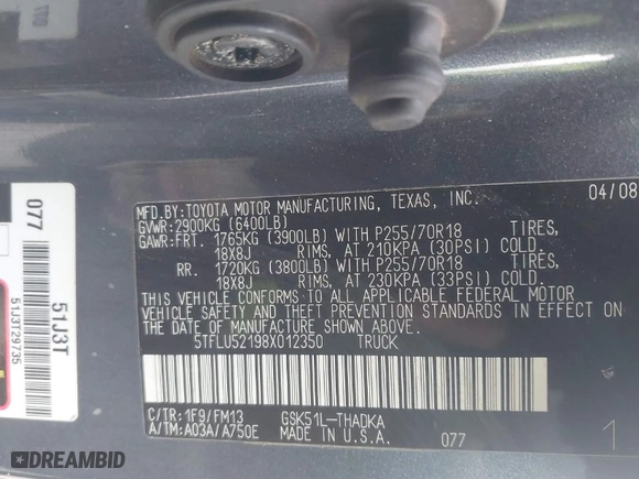 2008 Toyota Tundra with VIN 5TFLU52198X012350, listed as a IAAI auction lot 41306862 with 189,210 mi miles. Bid and sale history available at carsss.com. Image 9.
