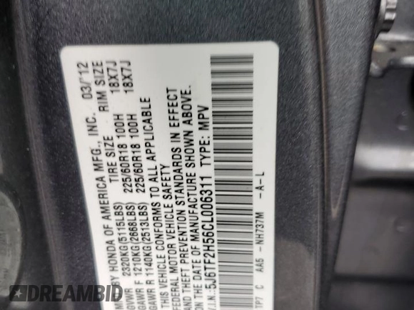 2012 Honda Crosstour EX-L with VIN 5J6TF2H56CL006311, listed as a Copart auction lot 63417524 with 148,996 mi miles and Salvage Title. Bid and sale history available at carsss.com. Image 13.