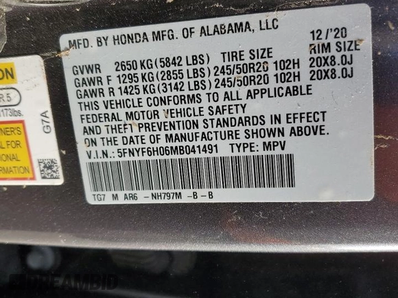 2021 Honda Pilot Elite with VIN 5FNYF6H06MB041491, listed as a Copart auction lot 46832545 with 95,769 mi miles and Salvage Title. Bid and sale history available at carsss.com. Image 15.