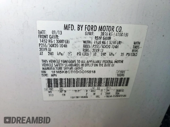 2013 Ford Explorer Sport с VIN 1FM5K8GT0DGC05518, выставлен на аукционе Copart как лот 57356135 с пробегом 235 279 миль миль и Списание • Salvage title. История ставок и продаж доступна на DreamBid. Изображение 13.