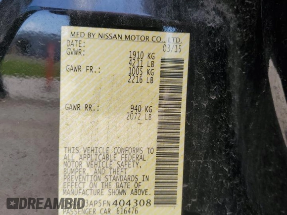 2015 Nissan Altima SL with VIN 1N4AL3AP5FN404308, listed as a Copart auction lot 56838325 with Not provided miles and Salvage title. Bid and sale history available at DreamBid. Image 12.