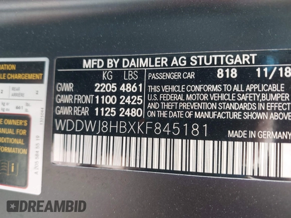2019 Mercedes-Benz C 63 S AMG with VIN WDDWJ8HBXKF845181, listed as a IAAI auction lot 42147743 with 39,430 mi miles and . Bid and sale history available at DreamBid. Image 9.