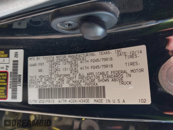 2015 Toyota Tacoma PreRunner z VIN 5TFJX4GN4FX039649, wystawiony jako IAAI lot #41240801 z przebiegiem 233 108 mil mil oraz . Historia ofert i sprzedaży dostępna na DreamBid. Obrazek 9.
