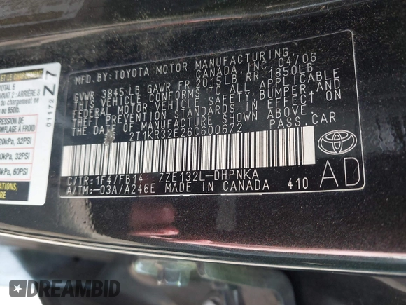 2006 Toyota Matrix STD z VIN 2T1KR32E26C600672, wystawiony jako IAAI lot #42278737 z przebiegiem 132 615 mil mil oraz . Historia ofert i sprzedaży dostępna na DreamBid. Obrazek 9.