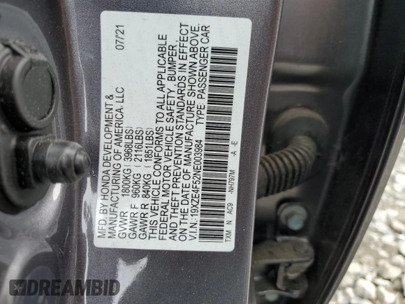 2022 Honda Insight EX with VIN 19XZE4F54NE003064, listed as a Copart auction lot 85100894 with 22,783 mi miles and Salvage Title. Bid and sale history available at DreamBid. Image 12.
