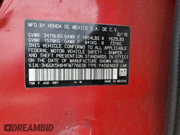 2015 Honda Fit EX-L with VIN 3HGGK5H84FM776638, listed as a Copart auction lot 52191505 with 74,418 mi miles and Salvage Title. Bid and sale history available at carsss.com. Image 13.