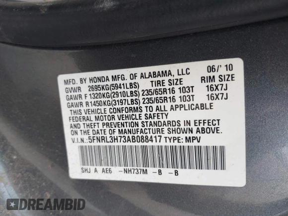 2010 Honda Odyssey EX-L with VIN 5FNRL3H73AB088417, listed as a IAAI auction lot 41989894 with 200,306 mi miles. Bid and sale history available at carsss.com. Image 9.