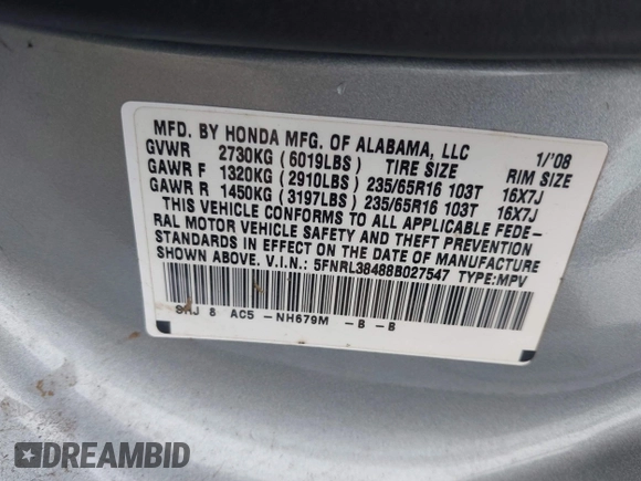 2008 Honda Odyssey EX с VIN 5FNRL38488B027547, выставлен на аукционе IAAI как лот 42519365 с пробегом 190 467 миль миль и . История ставок и продаж доступна на DreamBid. Изображение 9.