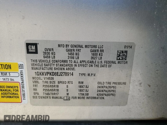 2014 GMC Acadia SLE z VIN 1GKKVPKD8EJ278914, wystawiony jako Copart lot #49803725 z przebiegiem 174 991 mil mil oraz Szkoda całkowita • Salvage title. Historia ofert i sprzedaży dostępna na DreamBid. Obrazek 13.