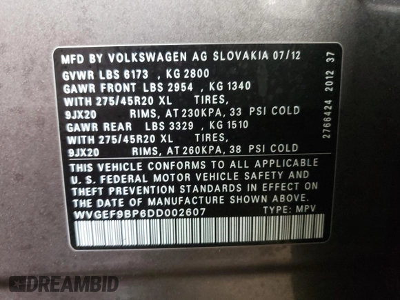 2013 Volkswagen Touareg Lux with VIN WVGEF9BP6DD002607, listed as a Copart auction lot 83420704 with 143,571 mi miles and Salvage Title. Bid and sale history available at DreamBid. Image 12.