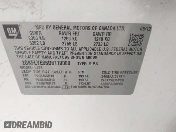 2013 GMC Terrain Denali with VIN 2GKFLYE36D6119000, listed as a IAAI auction lot 41916414 with 207,949 mi miles and . Bid and sale history available at DreamBid. Image 9.