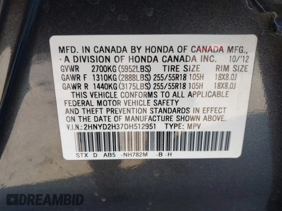 2013 Acura MDX Tech Pkg with VIN 2HNYD2H37DH512951, listed as a IAAI auction lot 41286893 with 107,180 mi miles. Bid and sale history available at carsss.com. Image 9.