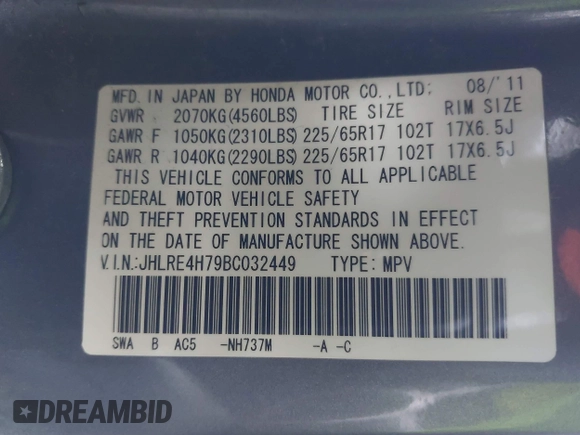2011 Honda CR-V EX-L with VIN JHLRE4H79BC032449, listed as a IAAI auction lot 41916723 with 126,551 mi miles. Bid and sale history available at carsss.com. Image 9.