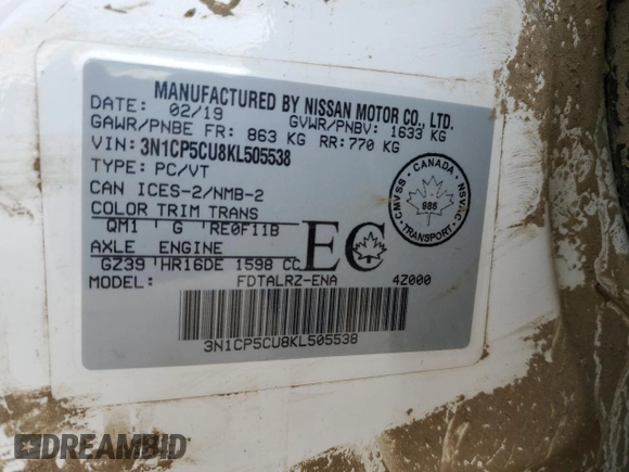2019 Nissan Kicks S with VIN 3N1CP5CU8KL505538, listed as a Copart auction lot 80825934 with 88,022 mi miles and Salvage Title. Bid and sale history available at DreamBid. Image 13.