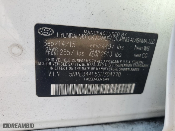 2016 Hyundai Sonata 2.4L Sport with VIN 5NPE34AF5GH304770, listed as a Copart auction lot 46178175 with 107,017 mi miles and Salvage Title. Bid and sale history available at carsss.com. Image 12.