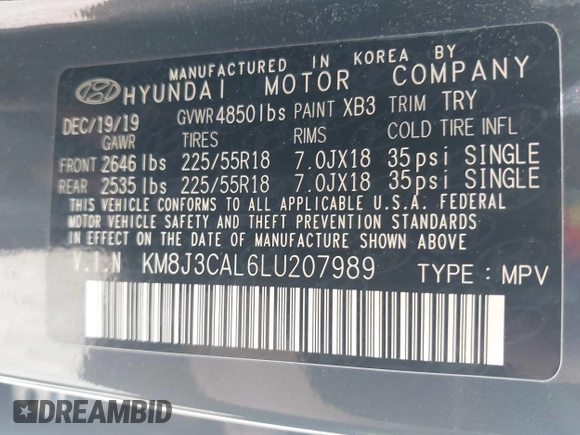 2020 Hyundai Tucson Sport z VIN KM8J3CAL6LU207989, wystawiony jako IAAI lot #42334004 z przebiegiem 59 334 mil mil oraz . Historia ofert i sprzedaży dostępna na DreamBid. Obrazek 9.