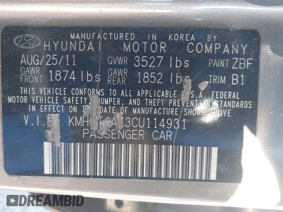 2012 Hyundai Accent GLS with VIN KMHCT4AE3CU114931, listed as a IAAI auction lot 41751304 with 166,831 mi miles. Bid and sale history available at carsss.com. Image 9.