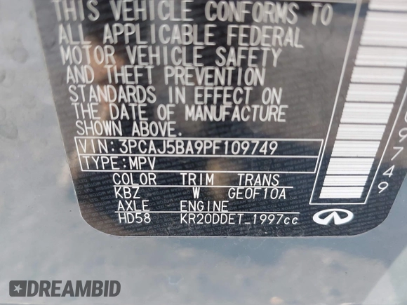 2023 Infiniti QX50 Luxe with VIN 3PCAJ5BA9PF109749, listed as a IAAI auction lot 41480886 with 31,157 mi miles and . Bid and sale history available at DreamBid. Image 9.