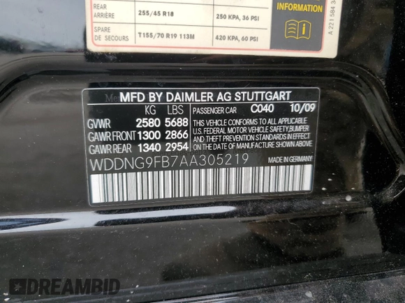2010 Mercedes-Benz S 400 with VIN WDDNG9FB7AA305219, listed as a Copart auction lot 48508845 with 87,191 mi miles and Clean Title. Bid and sale history available at DreamBid. Image 12.