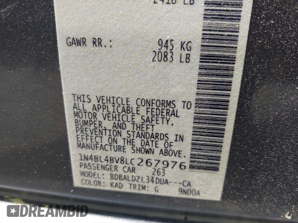 2020 Nissan Altima 2.5 S with VIN 1N4BL4BV8LC267976, listed as a IAAI auction lot 42012796 with 41,970 mi miles. Bid and sale history available at carsss.com. Image 9.