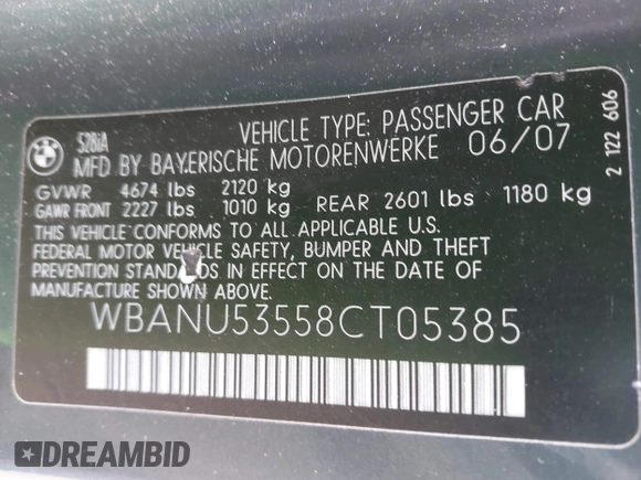 2008 BMW 5 Series 528i with VIN WBANU53558CT05385, listed as a IAAI auction lot 41589372 with 158,602 mi miles and . Bid and sale history available at DreamBid. Image 9.