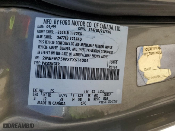 2000 Mercury Grand Marquis LS with VIN 2MEFM75WXYX614005, listed as a Copart auction lot 49104615 with 127,617 mi miles and Salvage Title. Bid and sale history available at carsss.com. Image 14.