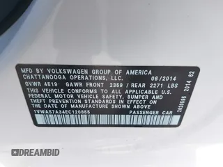 2014 Volkswagen Passat S with VIN 1VWAS7A34EC120855, listed as a IAAI auction lot 42134586 with 61,825 mi miles and . Bid and sale history available at DreamBid. Image 9.