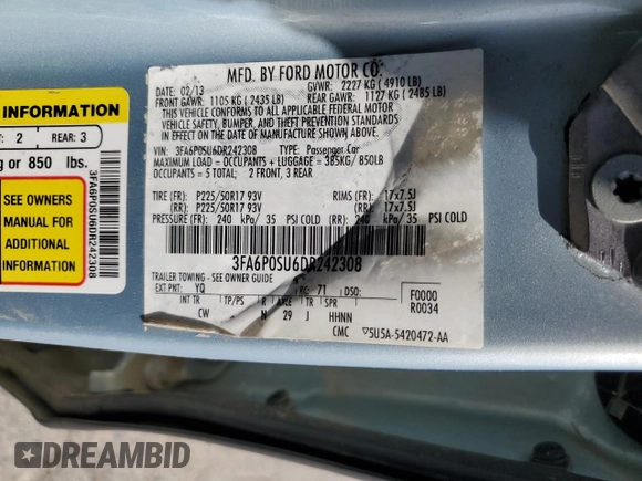 2013 Ford Fusion Titanium with VIN 3FA6P0SU6DR242308, listed as a Copart auction lot 59295265 with 129,253 mi miles and Clean title. Bid and sale history available at DreamBid. Image 12.