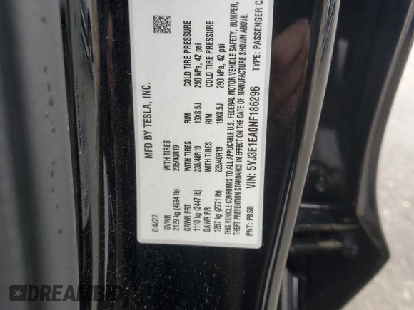 2022 Tesla Model 3 with VIN 5YJ3E1EA0NF186296, listed as a Copart auction lot 45711405 with 75,653 mi miles and Salvage Title. Bid and sale history available at DreamBid. Image 12.