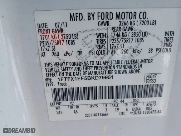 2011 Ford F-150 XL with VIN 1FTFX1EF5BKD79951, listed as a IAAI auction lot 41603505 with 144,483 mi miles. Bid and sale history available at carsss.com. Image 9.