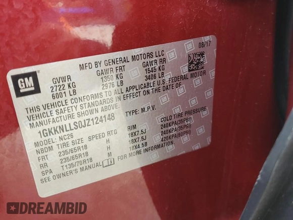 2018 GMC Acadia SLE z VIN 1GKKNLLS0JZ124148, wystawiony jako Copart lot #42718525 z przebiegiem 53 407 mil mil oraz Szkoda całkowita • Salvage title. Historia ofert i sprzedaży dostępna na DreamBid. Obrazek 13.