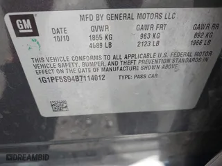 2011 Chevrolet Cruze LT w/1LT with VIN 1G1PF5S94B7114012, listed as a IAAI auction lot 42068096 with 135,186 mi miles. Bid and sale history available at carsss.com. Image 9.