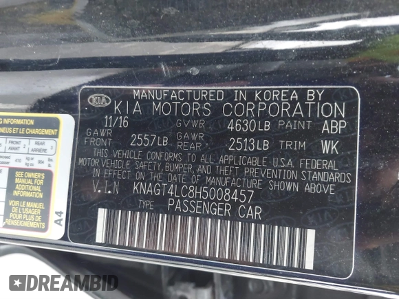 2017 Kia Optima Hybrid with VIN KNAGT4LC8H5008457, listed as a IAAI auction lot 41890144 with 122,340 mi miles. Bid and sale history available at carsss.com. Image 9.