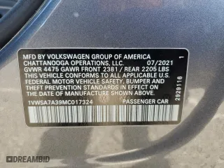 2021 Volkswagen Passat 2.0T SE with VIN 1VWSA7A39MC017324, listed as a Copart auction lot 46186355 with 39,885 mi miles and Salvage Title. Bid and sale history available at carsss.com. Image 14.