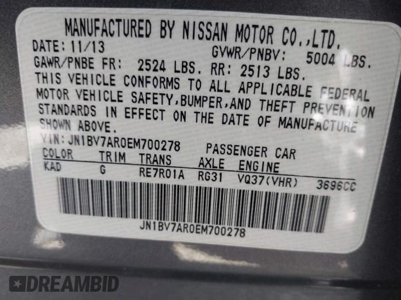2014 Infiniti Q50 Premium z VIN JN1BV7AR0EM700278, wystawiony jako IAAI lot #42043943 z przebiegiem 107 369 mil mil oraz . Historia ofert i sprzedaży dostępna na DreamBid. Obrazek 9.
