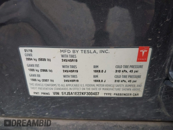 2019 Tesla Model S 75D with VIN 5YJSA1E22KF300407, listed as a IAAI auction lot 40034839 with 59,178 mi miles and . Bid and sale history available at DreamBid. Image 9.