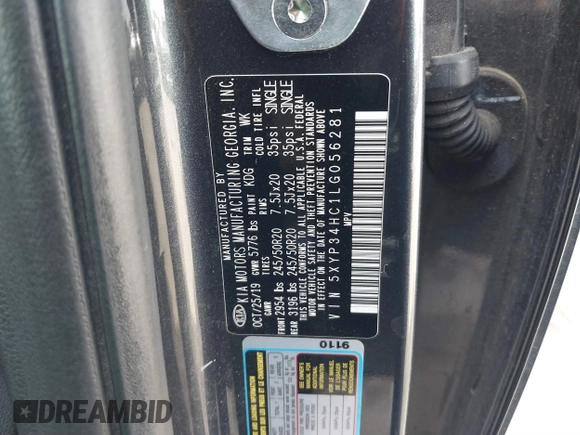 2020 Kia Telluride EX with VIN 5XYP34HC1LG056281, listed as a IAAI auction lot 41745434 with 117,590 mi miles and . Bid and sale history available at DreamBid. Image 9.