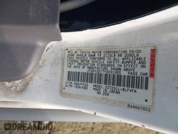 2000 Toyota Celica GTS with VIN JTDDY32T7Y0031955, listed as a IAAI auction lot 41911198 with Not Provided miles and . Bid and sale history available at DreamBid. Image 9.