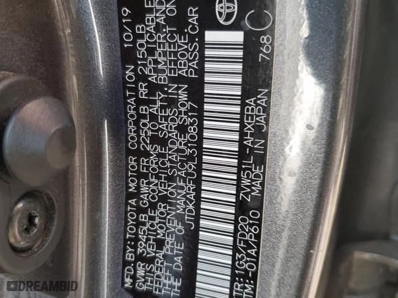 2020 Toyota Prius L Eco with VIN JTDKARFU9L3108317, listed as a Copart auction lot 49274815 with 100,167 mi miles and Salvage Title. Bid and sale history available at carsss.com. Image 13.