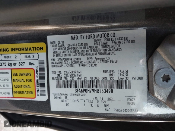 2017 Ford Fusion SE with VIN 3FA6P0H79HR153498, listed as a IAAI auction lot 41749022 with 105,342 mi miles. Bid and sale history available at carsss.com. Image 9.