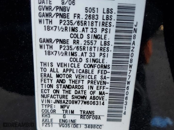 2007 Nissan Murano SL with VIN JN8AZ08W77W606314, listed as a Copart auction lot 49661615 with 119,064 mi miles and Salvage Title. Bid and sale history available at carsss.com. Image 13.