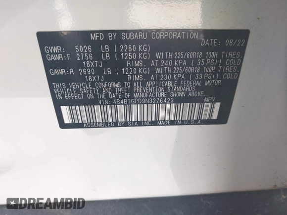2022 Subaru Outback Touring XT with VIN 4S4BTGPD9N3276423, listed as a IAAI auction lot 42310970 with 8,266 mi miles and . Bid and sale history available at DreamBid. Image 9.