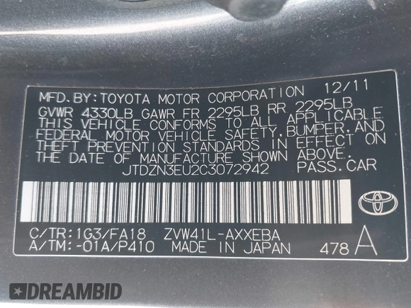 2012 Toyota Prius Two with VIN JTDZN3EU2C3072942, listed as a IAAI auction lot 42100685 with 123,019 mi miles and . Bid and sale history available at DreamBid. Image 9.