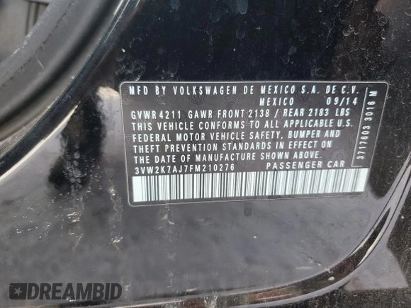 2015 Volkswagen Jetta Sedan 2.0L S with VIN 3VW2K7AJ7FM210276, listed as a Copart auction lot 46158765 with 95,139 mi miles and Salvage Title. Bid and sale history available at carsss.com. Image 13.