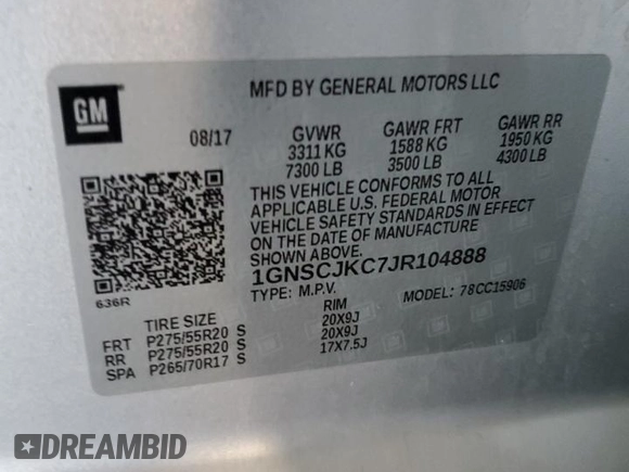 2018 Chevrolet Suburban Premier with VIN 1GNSCJKC7JR104888, listed as a Copart auction lot 68027604 with 69,632 mi miles and Salvage title. Bid and sale history available at DreamBid. Image 13.