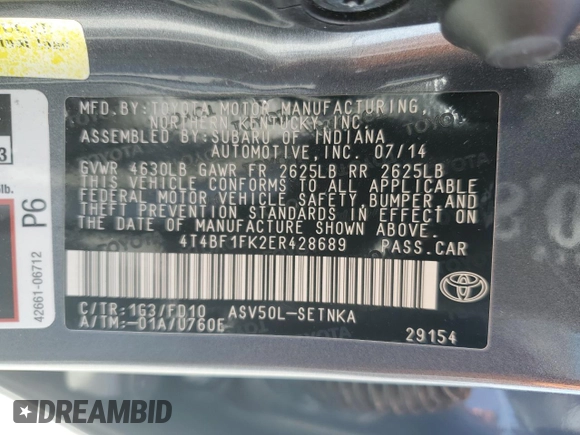 2014 Toyota Camry L with VIN 4T4BF1FK2ER428689, listed as a Copart auction lot 50825445 with 167,433 mi miles and Salvage Title. Bid and sale history available at DreamBid. Image 14.