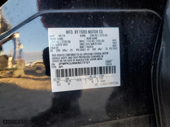 2019 Ford Edge SEL with VIN 2FMPK3J99KBC73121, listed as a Copart auction lot 84672444 with 0 mi miles and Salvage Title. Bid and sale history available at carsss.com. Image 15.