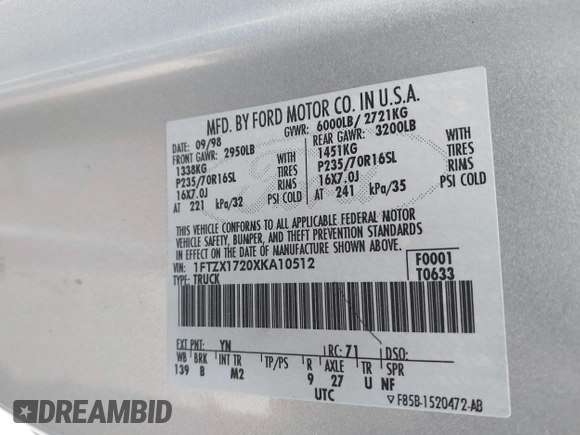 1999 Ford F-150 with VIN 1FTZX1720XKA10512, listed as a IAAI auction lot 41247083 with 169,154 mi miles and . Bid and sale history available at DreamBid. Image 9.